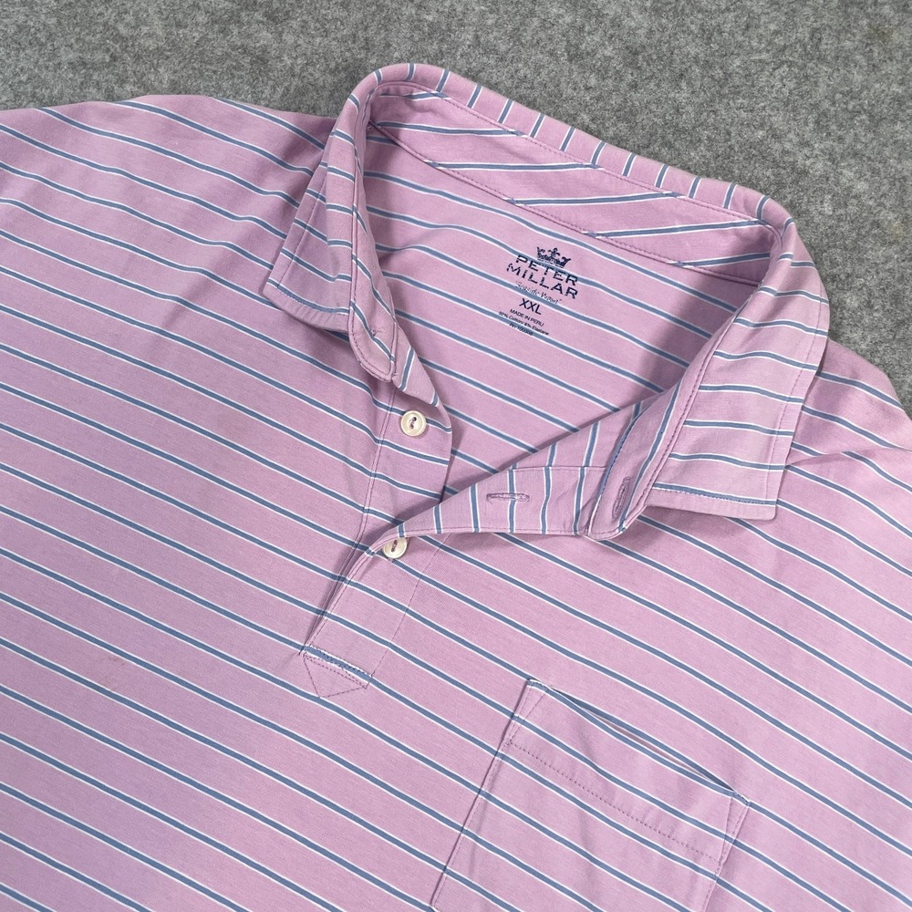 Peter Millar Mens Polo Shirt XXL Pink Striped Seaside Wash Stretch Cotton Pocket